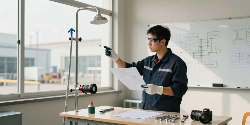Notdusche für Industrie kaufen - Engineer inspecting safety shower system in modern industrial workspace.