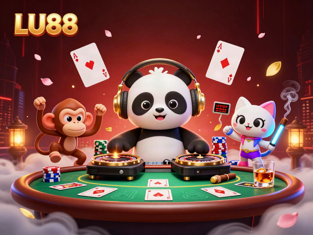 Experience the vibrancy of LU88 with engaging casino elements in an exciting scene featuring animated characters.