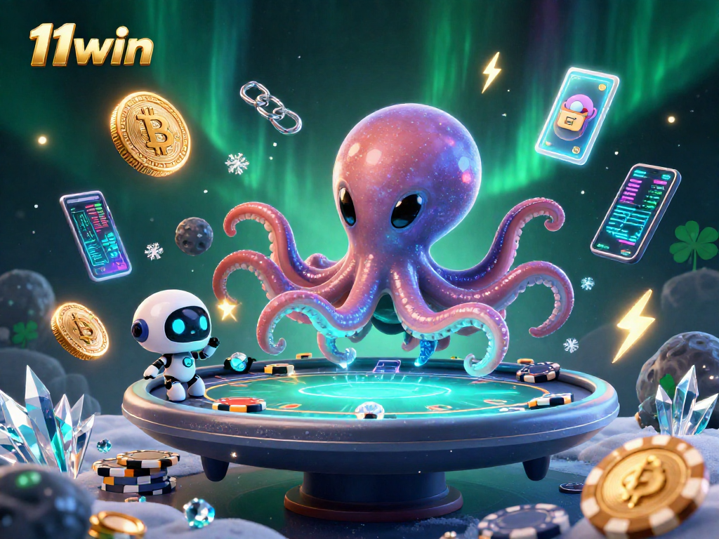 11win uses an exciting alien octopus character at a holographic poker table, showcasing innovative gambling!