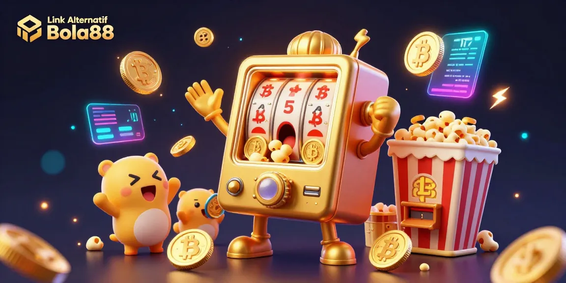 Experience excitement with the Link Alternatif Bola88, featuring a shocked golden slot machine hitting a jackpot and coins pouring out.
