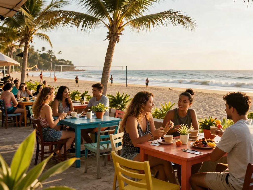 Friends sharing a joyful moment at a beach café, enjoying rokok88 delicacies.