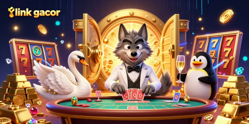 Engage with link gacor through interactive gaming at a vibrant baccarat table surrounded by luxury elements.