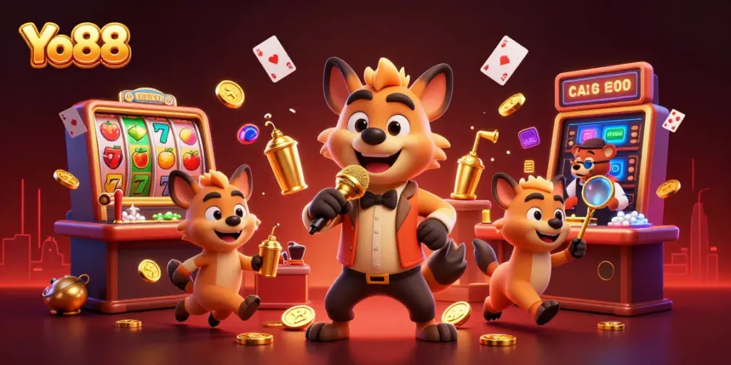 Enjoy gaming at Yo88 with lively characters in a vibrant casino setting showcasing slot action and dim lighting.