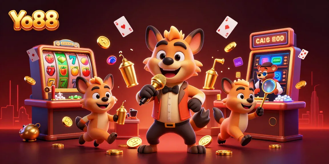 Enjoy gaming at Yo88 with lively characters in a vibrant casino setting showcasing slot action and dim lighting.