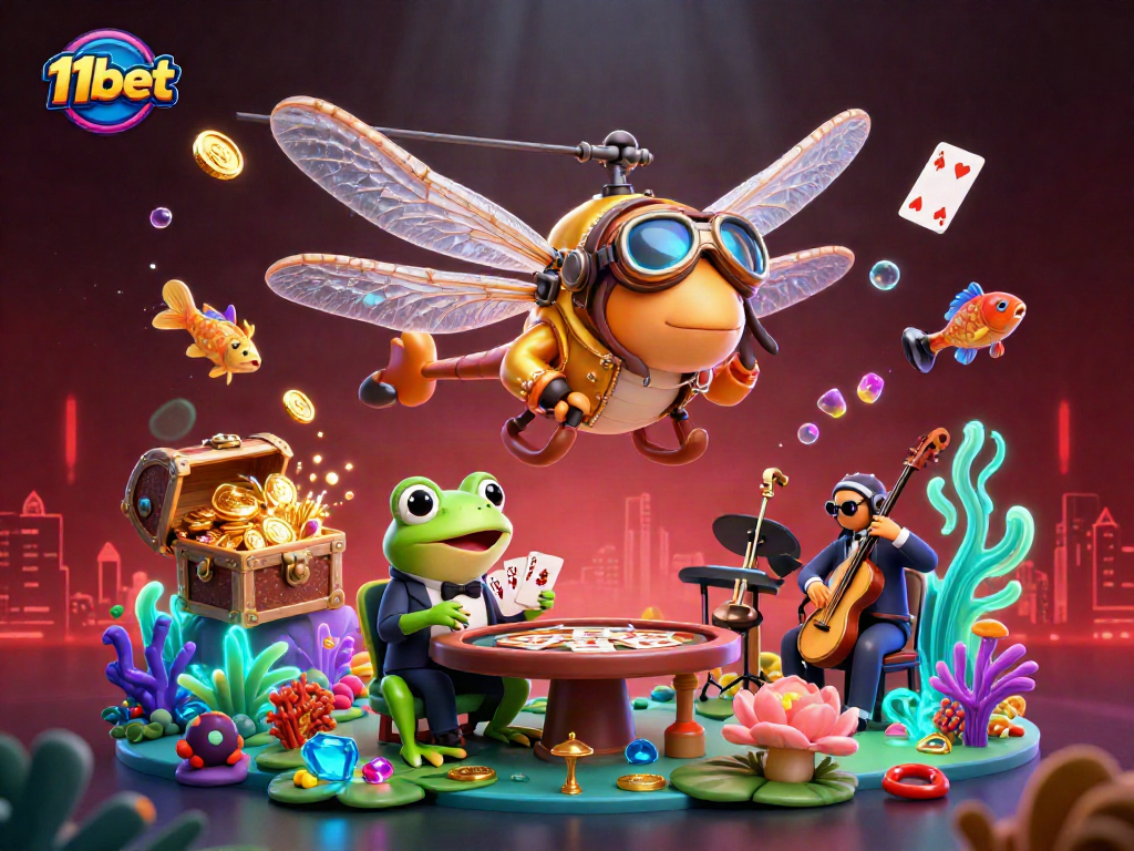 Engage with thrilling opportunities at 11bet as a dragonfly pilot soars over a vibrant casino scene.