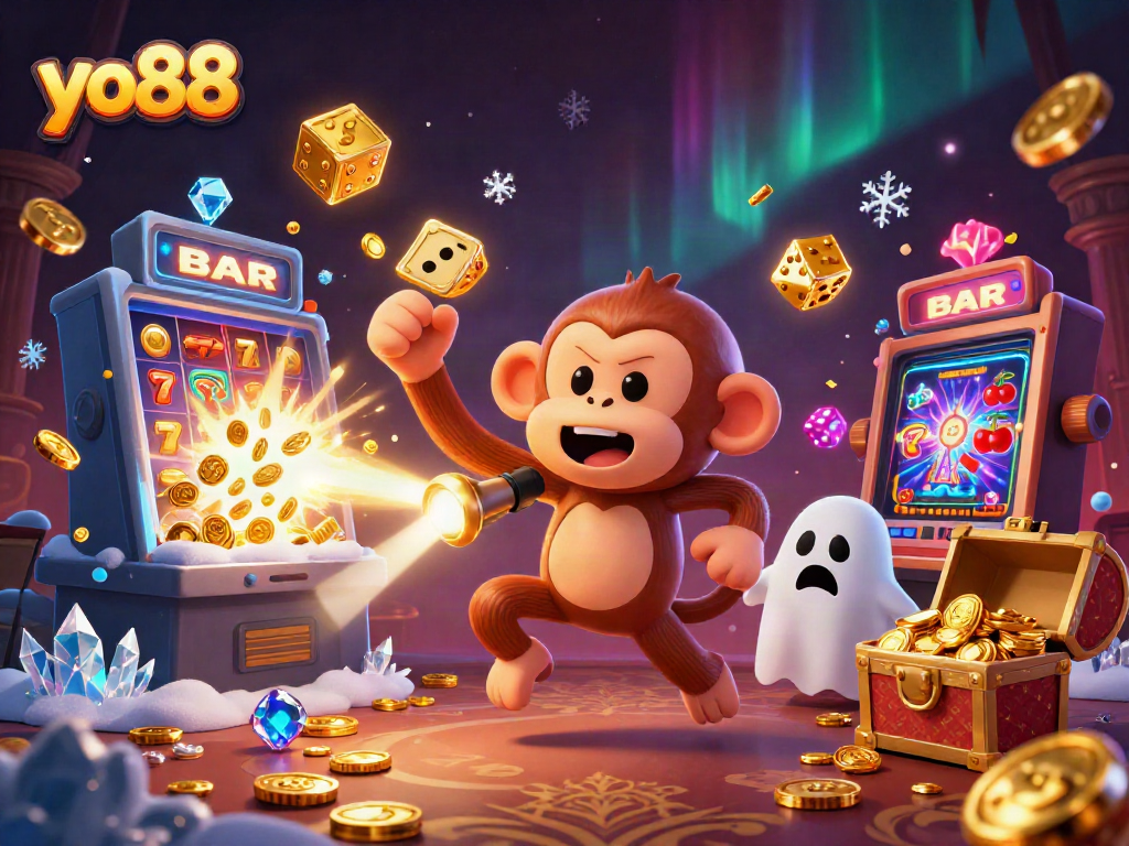 yo88 game strategy illuminated by a ghostly monkey juggling coins in a busy casino scene