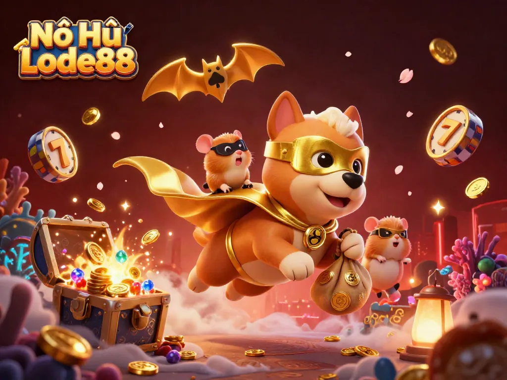 Experience jackpots with Nổ Hũ Lode88 as our superhero dog partners with a sidekick amidst flying slot reels.