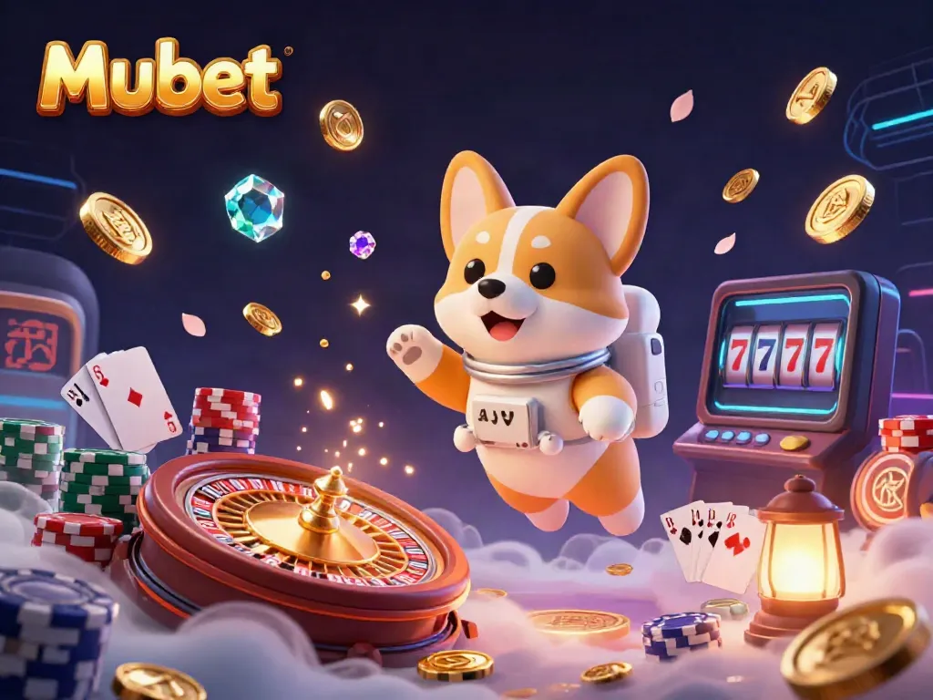 Experience thrilling games at Mubet with this vibrant floating casino featuring an astronaut corgi and a roulette wheel.