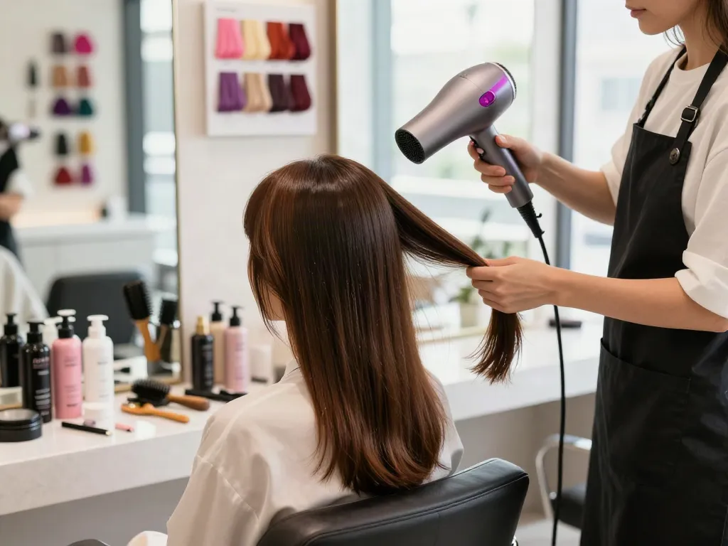 Vorführung eines ionen haartrockners in einem modernen Schönheitssalon mit einem Hairstylisten und einer Kundin.