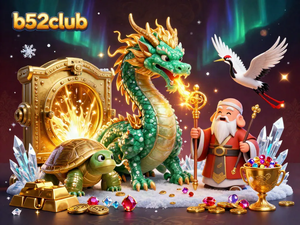 Bets with b52club as the emerald jade dragon and lucky cranes celebrate wealth amidst golden treasures.