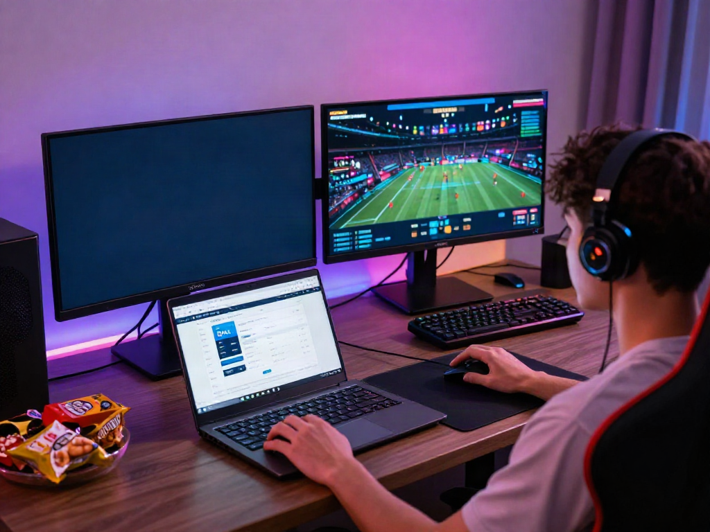 Engaged user enjoying online gaming at https://1da88.it.com/ with dual monitors and vibrant LEDs.