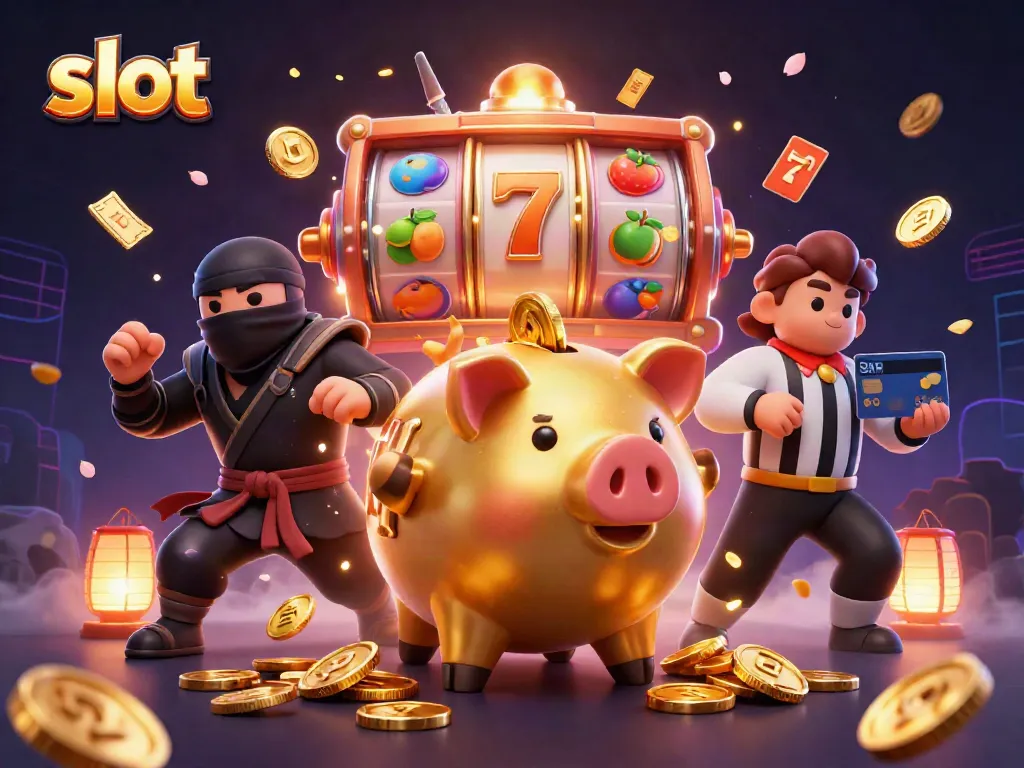 Engage in the thrilling slot experience with a vivid illustration showcasing a golden sumo piggy bank and dynamic game elements.