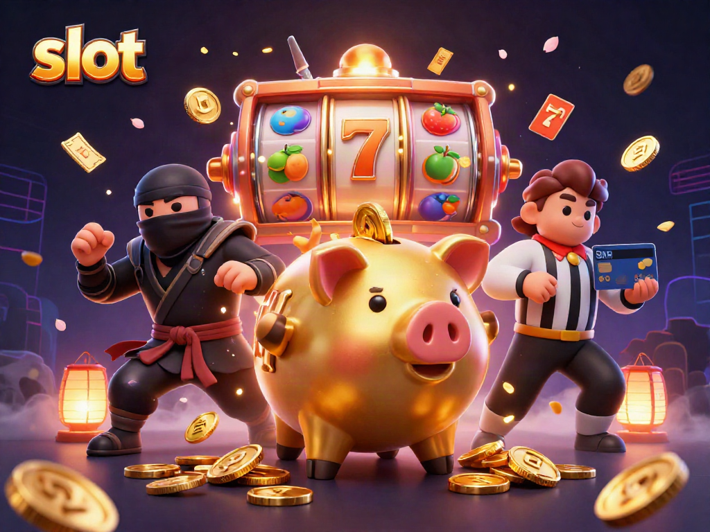 Engage in the thrilling slot experience with a vivid illustration showcasing a golden sumo piggy bank and dynamic game elements.