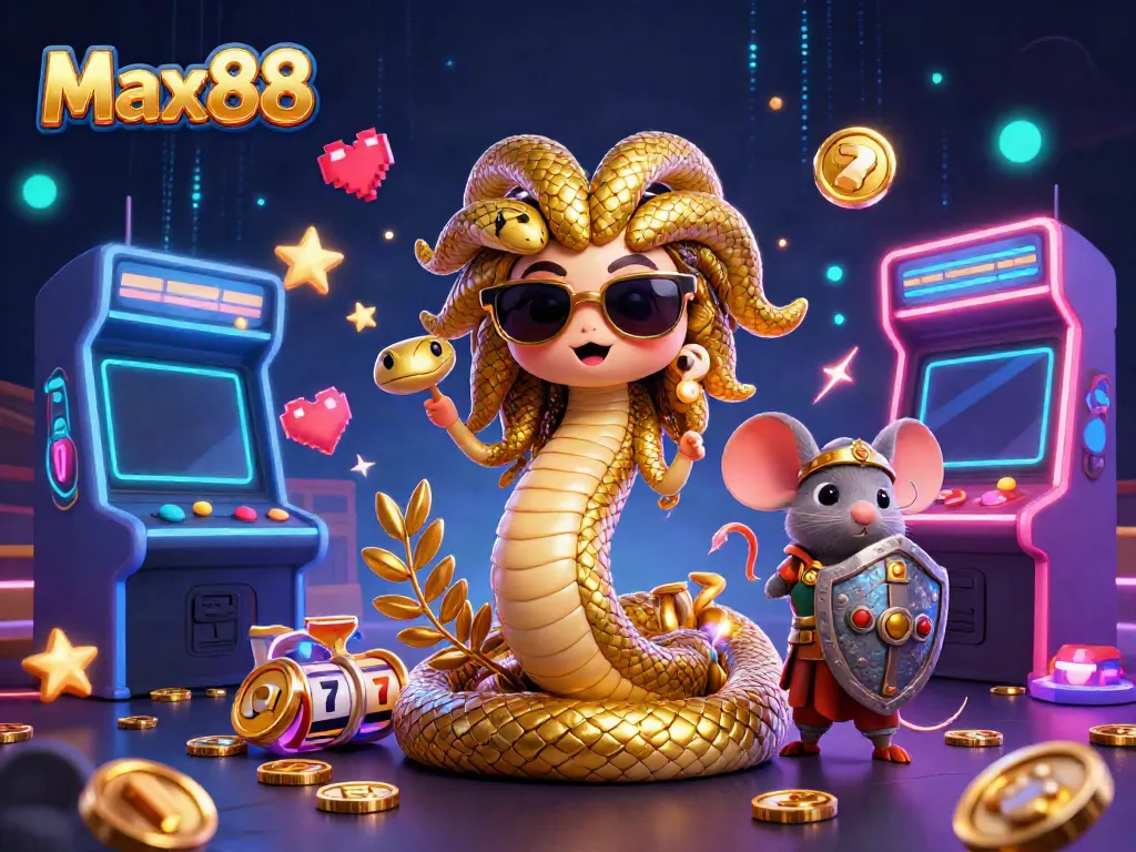 Experience the vibrant world of Max88 with Medusa and casino-themed elements in this action-packed illustration.