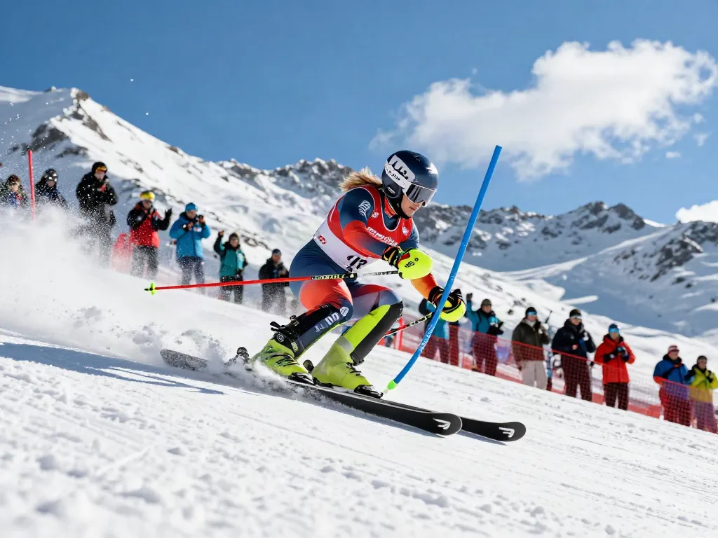 Lizz Görgl beim alpinen Skirennen, zeigt actionreiche Bewegung und Wettbewerbsgeist.
