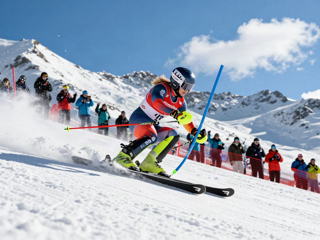 Lizz Görgl beim alpinen Skirennen, zeigt actionreiche Bewegung und Wettbewerbsgeist.