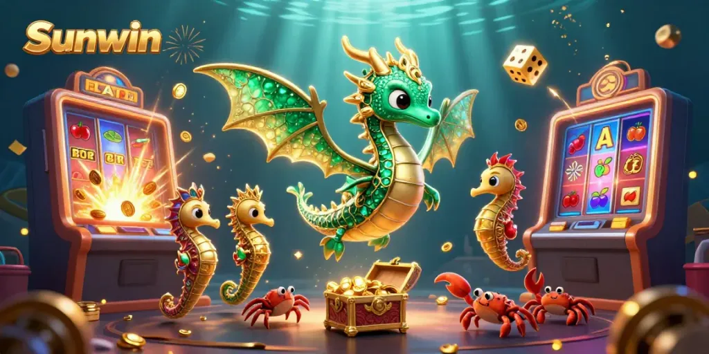 Experience thrilling gameplay at Sunwin with vibrant dragons and slot machines in an underwater world.