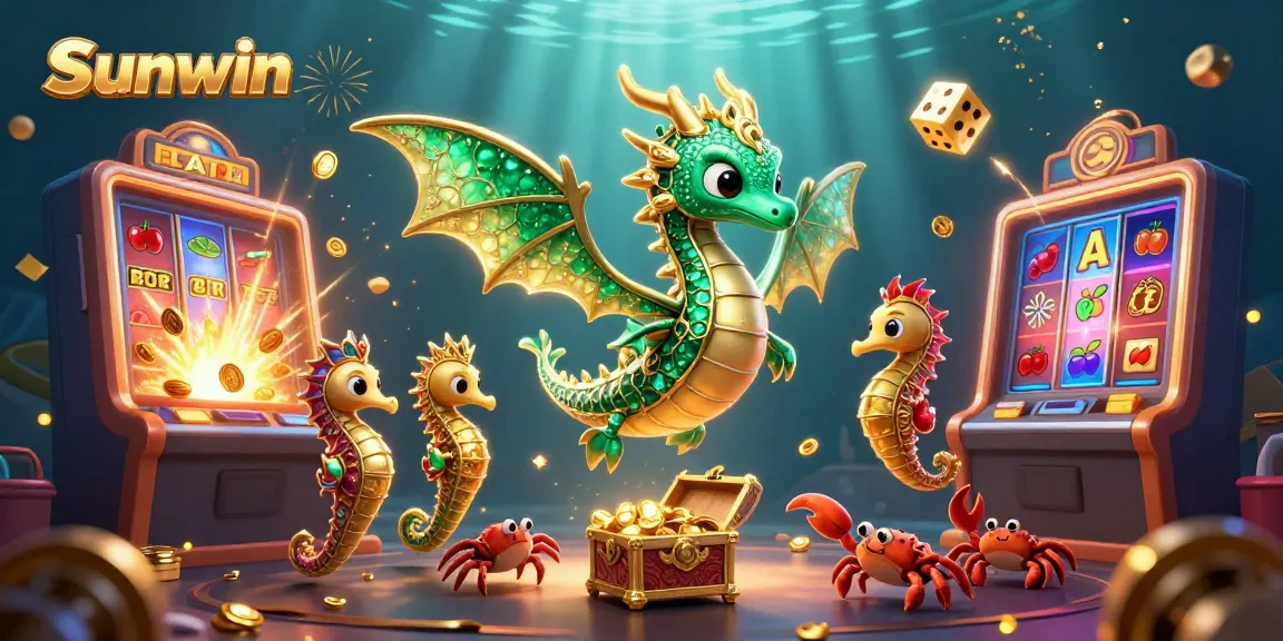 Experience thrilling gameplay at Sunwin with vibrant dragons and slot machines in an underwater world.