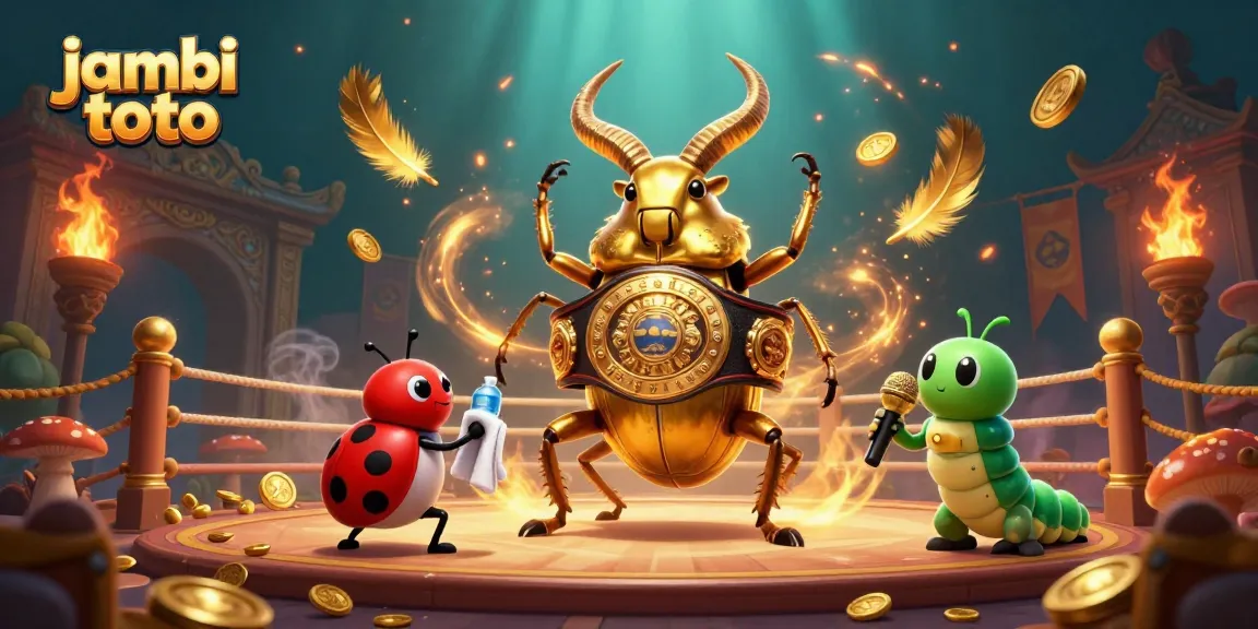 Join the action at jambi toto with a giant beetle champion in this dynamic online gaming illustration.