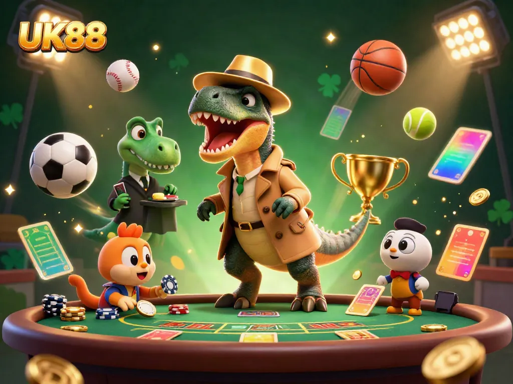 Experience the thrill of UK88 with a velociraptor card counter at the blackjack table in a vibrant casino scene.