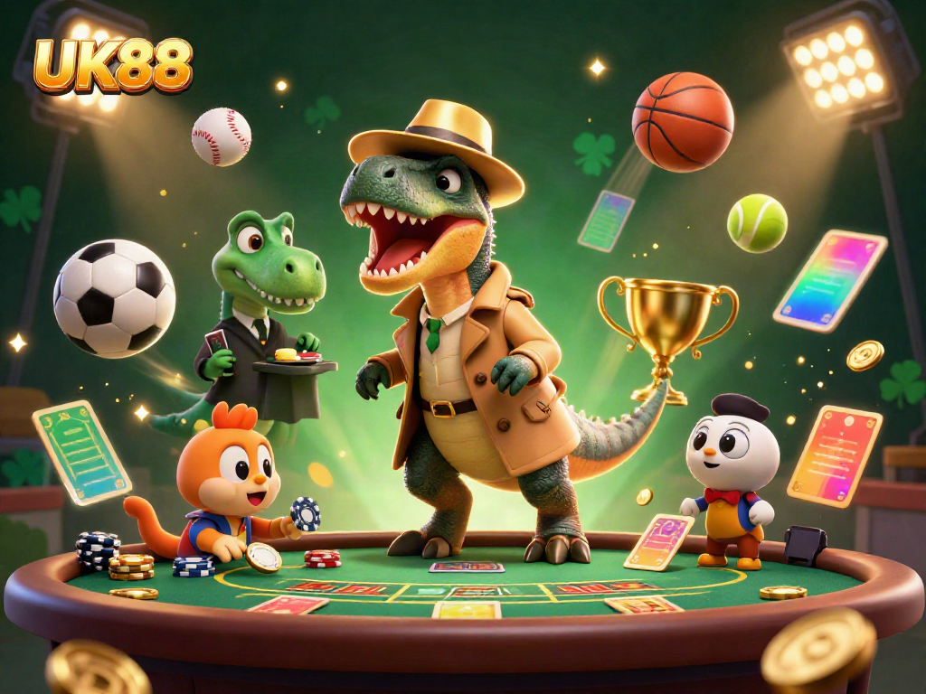 Experience the thrill of UK88 with a velociraptor card counter at the blackjack table in a vibrant casino scene.