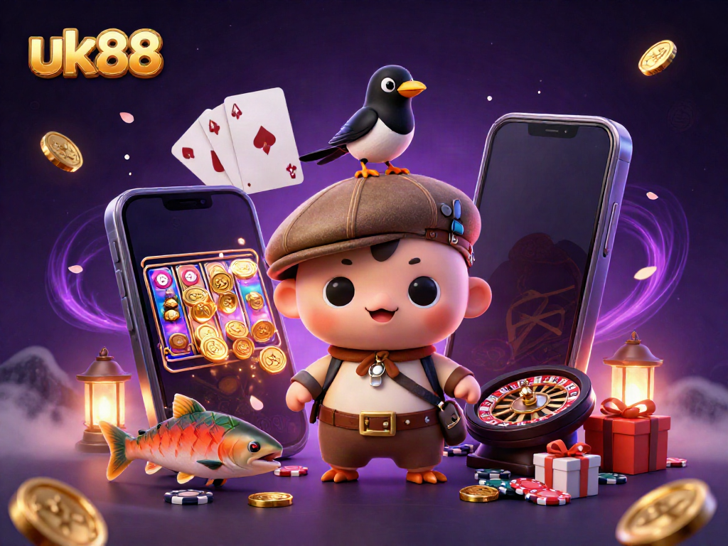 Experience the magic of uk88 with this vibrant 3D illustration showcasing a fun casino scene filled with playful characters and gaming elements.
