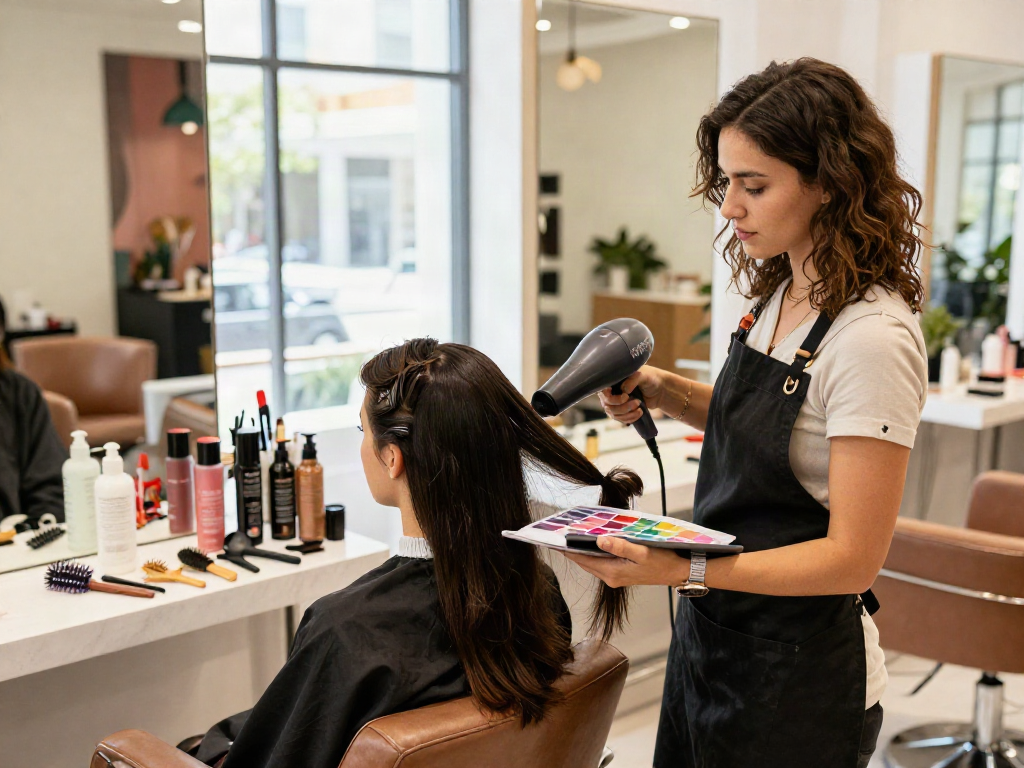 Stylist nutzt Laifen Haartrockner im modernen Friseursalon mit einladendem Ambiente.