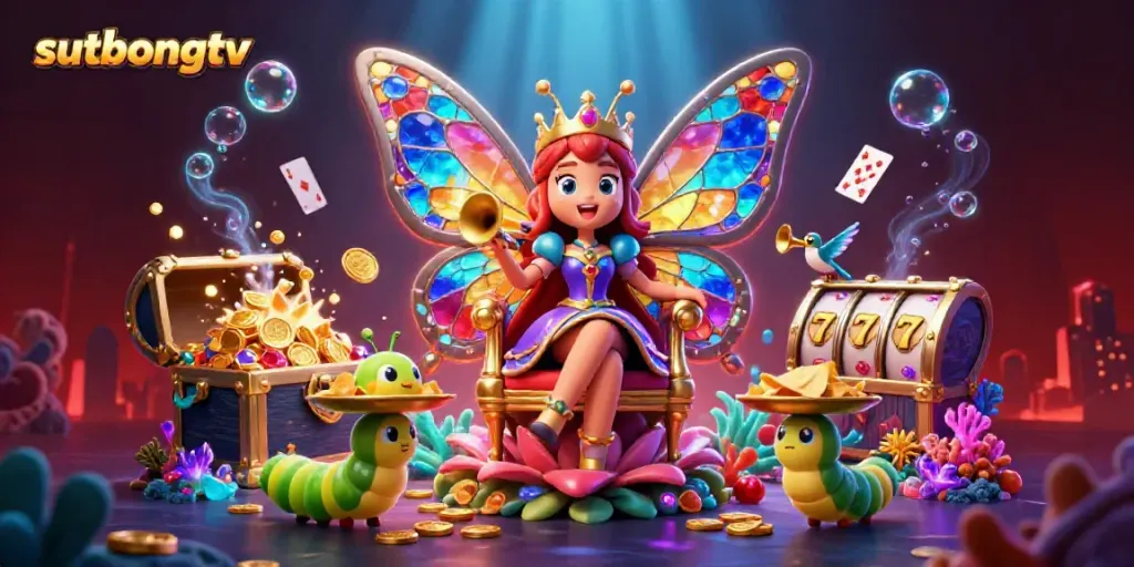 Experience thrilling gaming on sutbongtv with a vibrant underwater casino scene featuring a butterfly queen and golden chips.