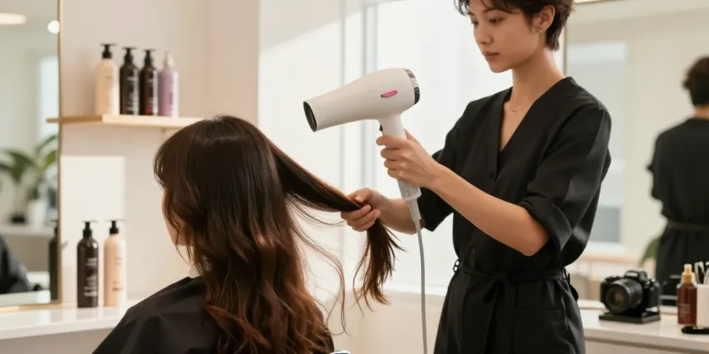 Haartrockner in einem Salon, während ein Stylist Haar trocknet und pflegt.